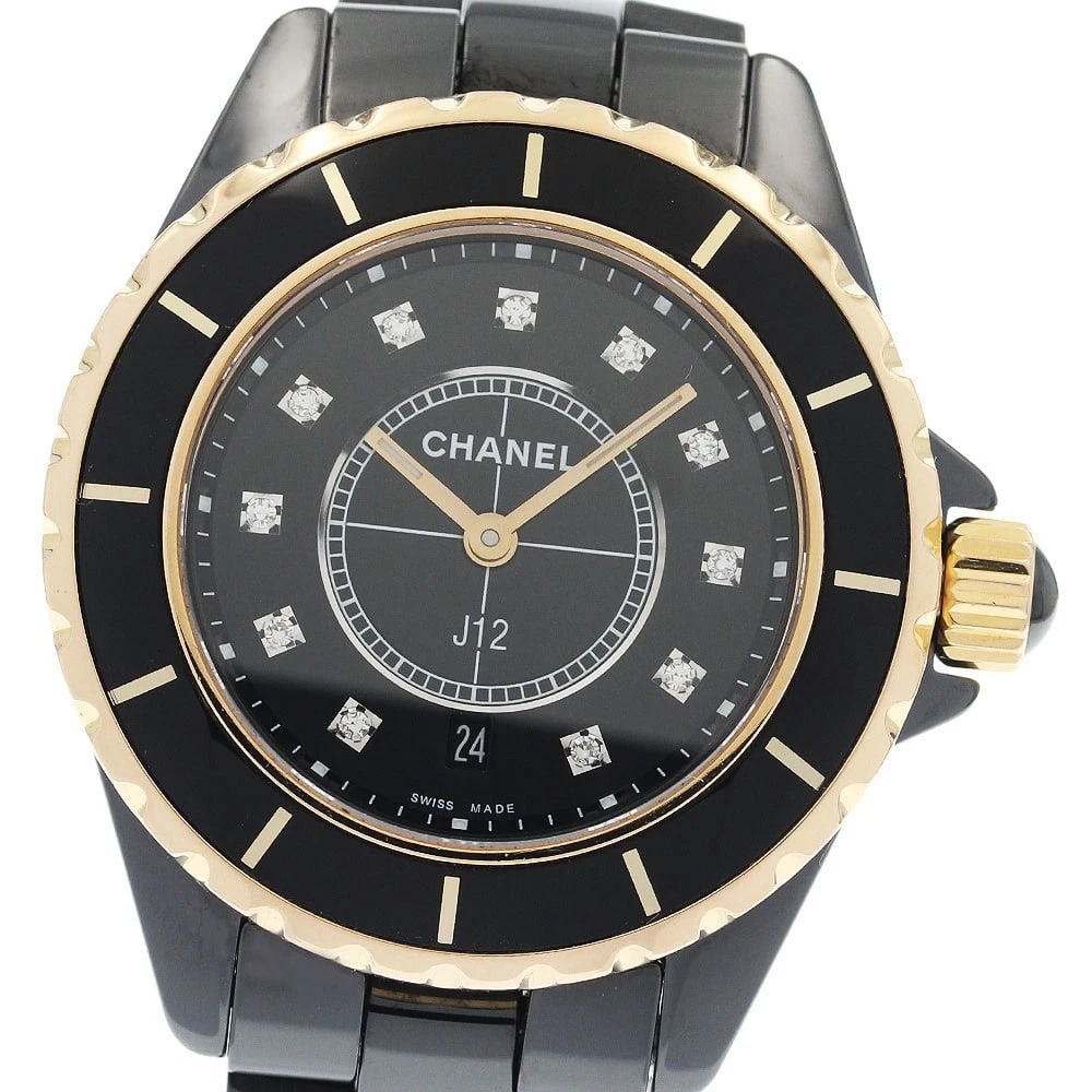 CHANEL J12 DIAMOND BEZEL DATE WATCH: CHANEL J12 Diamond Bezel Date Watch Brand: CHANEL Type: Wristwatch Material: Band Material ceramic, Case Material Stainless Steel / ceramic Color: Band Color black, Dial Color black, Case Color