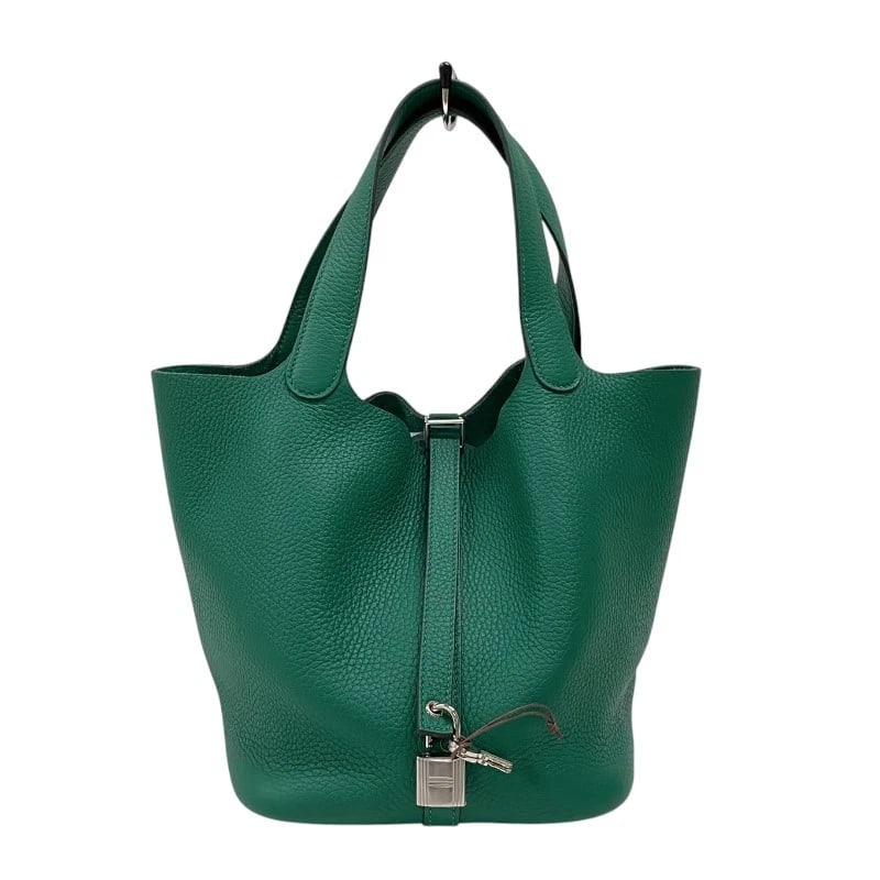 HERMES PICO TAN LOCK MM HANDBAG: HERMES Pico Tan Lock MM Handbag Brand: HERMES Type: Handbag Material: Taurillon Clemence Color: Vertigo Silver Hardware Size: W8.7 x H8.3x D6.7inch Accessories: None Accessories Notice: Wh