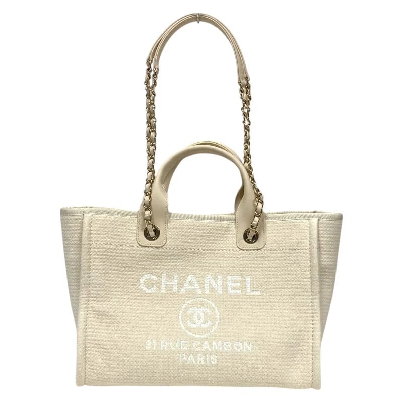 CHANEL DEAUVILLE SHOPPING BAG SHOULDER BAG: CHANEL Deauville shopping bag Shoulder Bag Brand: CHANEL Type: Shoulder Bag Material: Mixed fiber Color: Cream Silver Hardware Size: W12.6 x H9.1x D5.9inch Accessories: None Accessories No