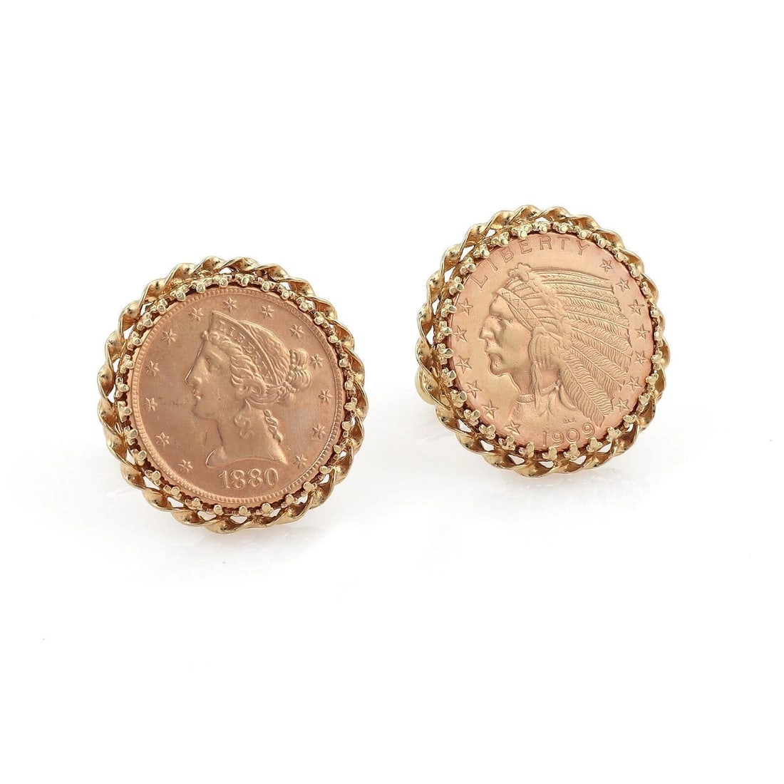 22K GOLD $5 LIBERTY & INDIAN HEAD COINS IN 14K GOLD CUFFLINKS: 22k Gold $5 Liberty & Indian Head Coins in 14k Gold Cufflinks Brand: Unbranded Type: Earrings Material: 22k gold 14k yellow gold Color: gold Size: Measurements: 1.06" diameter overall; coins measu