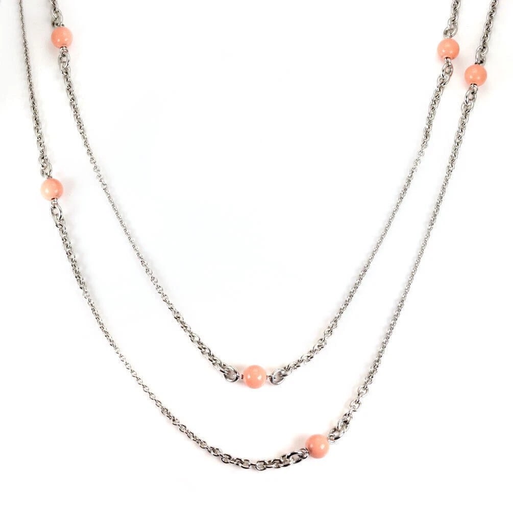 CHOPARD CORAL BEADS SAUTOIR CHAIN NECKLACE: Chopard Coral Beads Sautoir Chain Necklace Brand: Chopard Type: Necklace Material: 18k white gold Main Stone/Creation Main Stone Coral Color: None Size: Measurement: chain is: 46" long and 2mm thi