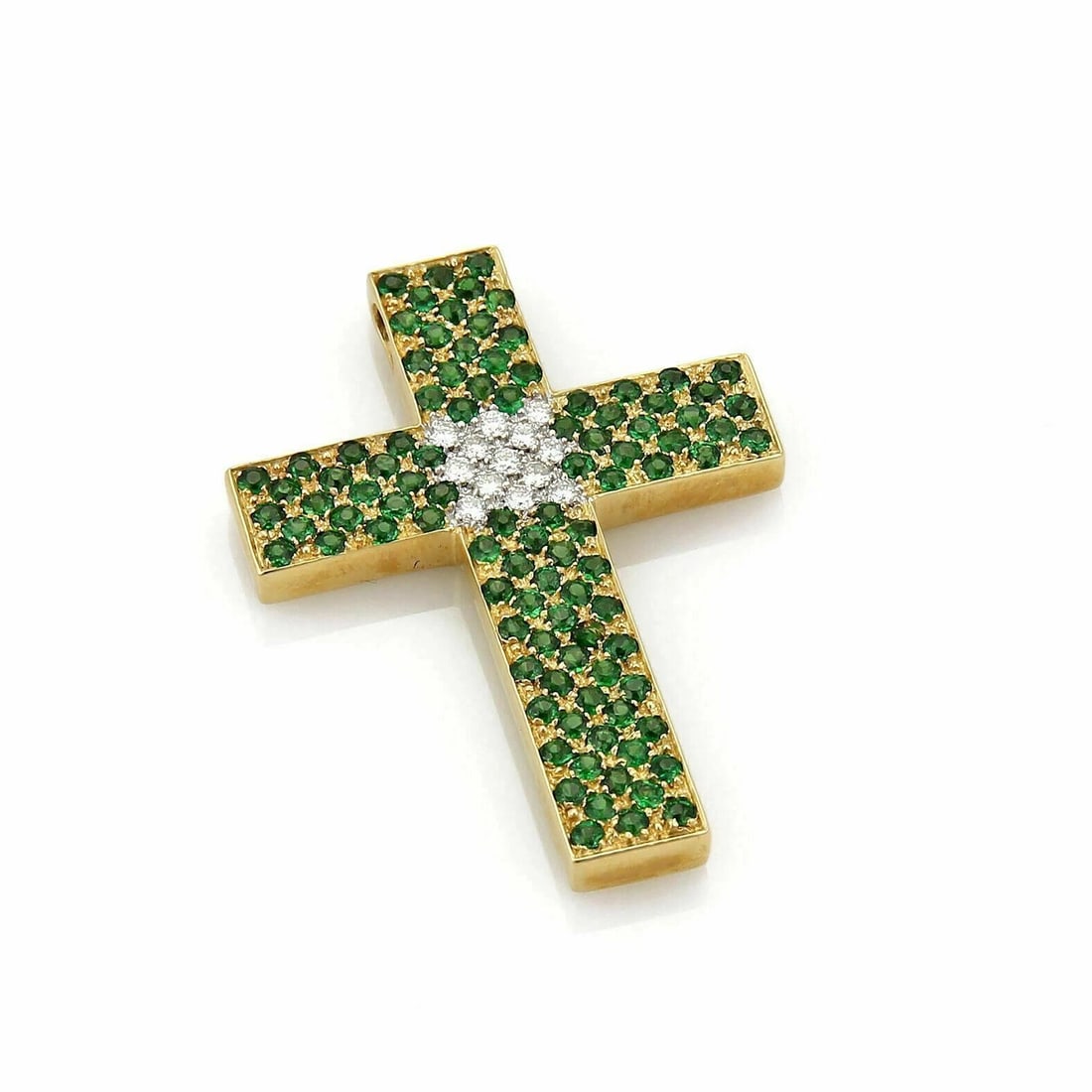 TSAVORITE & DIAMOND CROSS PENDANT: Tsavorite & Diamond Cross Pendant Brand: Unbranded Type: Pendant Material: 18k yellow gold Main Stone/Creation Tsavorite & Color: None Size: Measurement: 1.71" long x 1.23" wide x 0.14" high Acce
