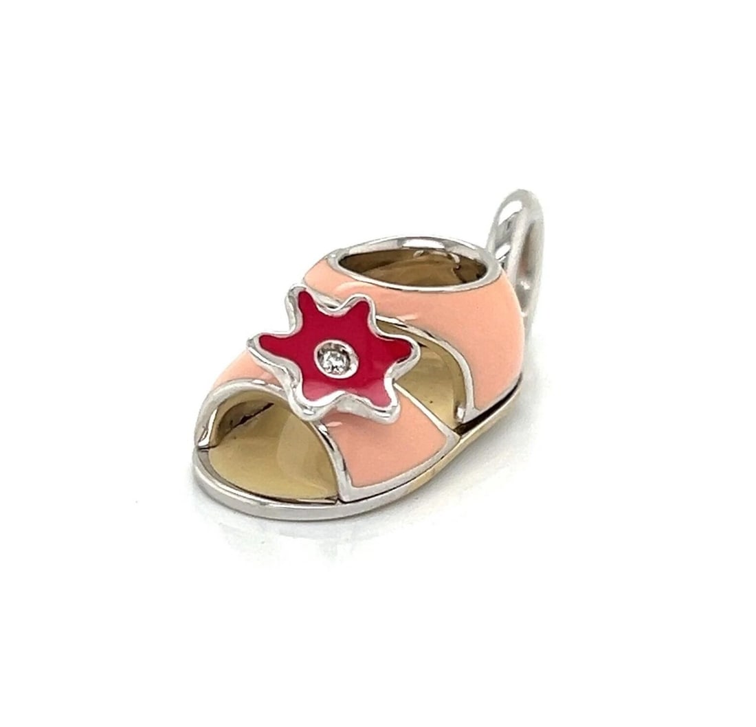 AARON BASHA DIAMOND BABY SANDAL & RED FLOWER CHARM PENDANT: Aaron Basha Diamond Baby Sandal & Red Flower Charm Pendant Brand: Aaron Basha Type: Pendant Material: 18k white gold & enamel Color: White Size: Measurements: 1.10" long with bail × 0.45"