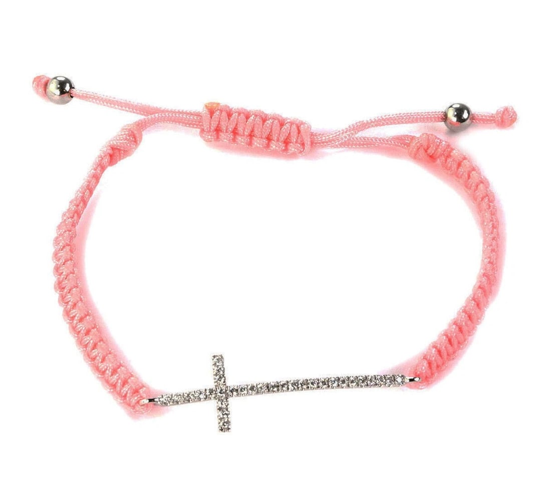 DIAMOND 18K WHITE GOLD SIDEWAY CROSS CHARM BRAIDED PINK CORD BRACELET: Diamond 18k White Gold Sideway Cross Charm Braided Pink Cord Bracelet Brand: Unbranded Type: Bracelet Material: 18k White Gold Color: None Size: Measurements: adjustable from: 6"-8" long The Cross