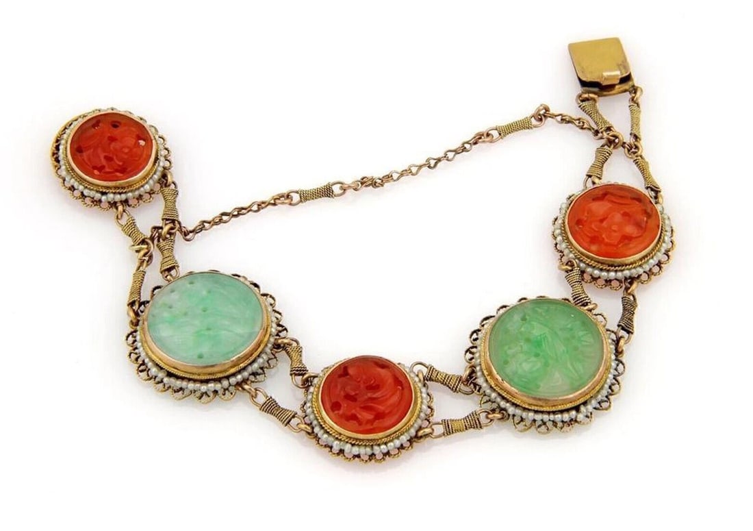 GREEN JADE CARNELIAN SEED PEARL 14K YELLOW GOLD VINTAGE FLORAL BRACELET (1 of 2)