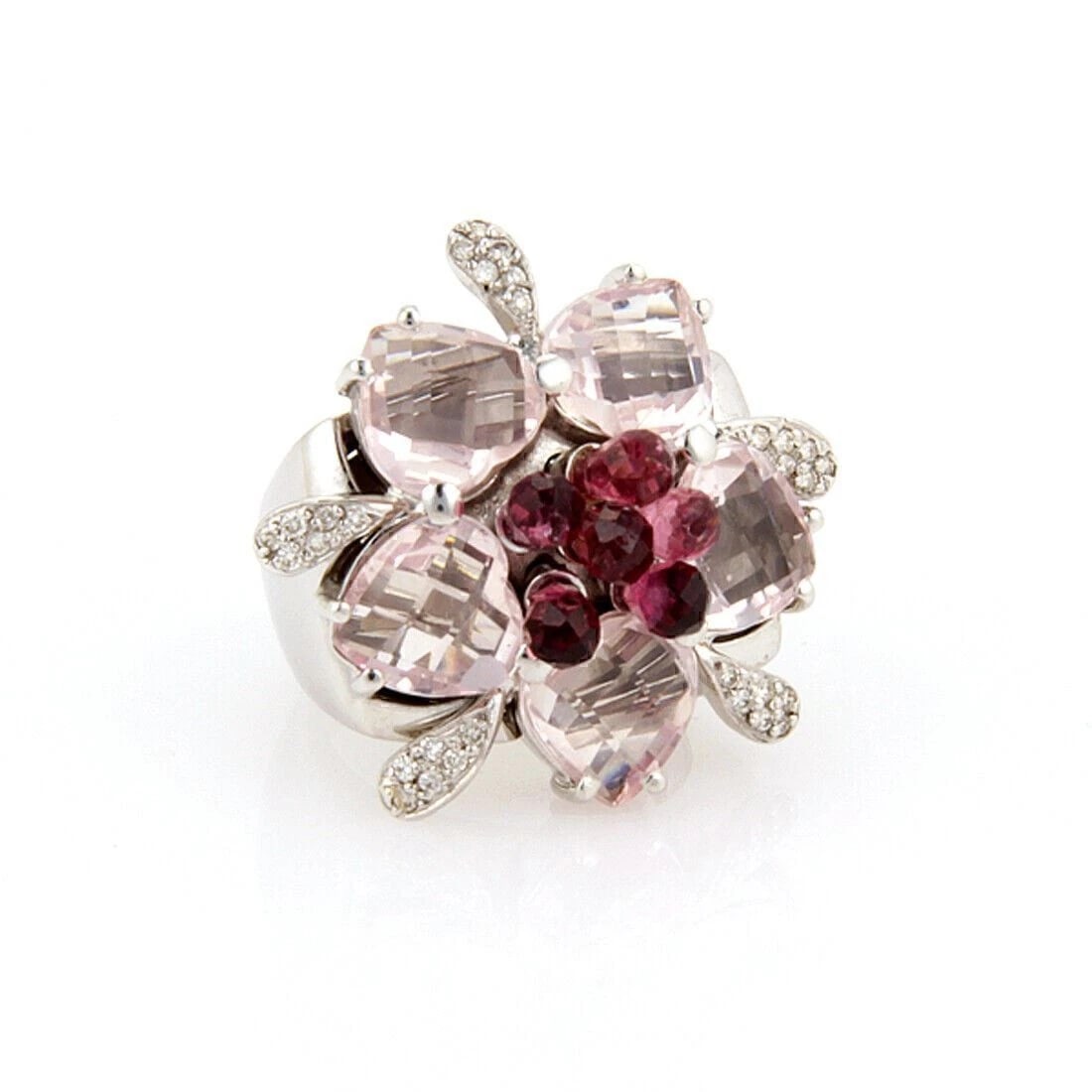 DIAMOND PINK TOURMALINE & ROSE 18K WHITE GOLD FLORAL RING: Diamond Pink Tourmaline & Rose 18k White Gold Floral Ring Brand: Unbranded Type: Ring Material: 18k white gold Color: White Size: 5 US Accessories: None Accessories Notice: When purchasing