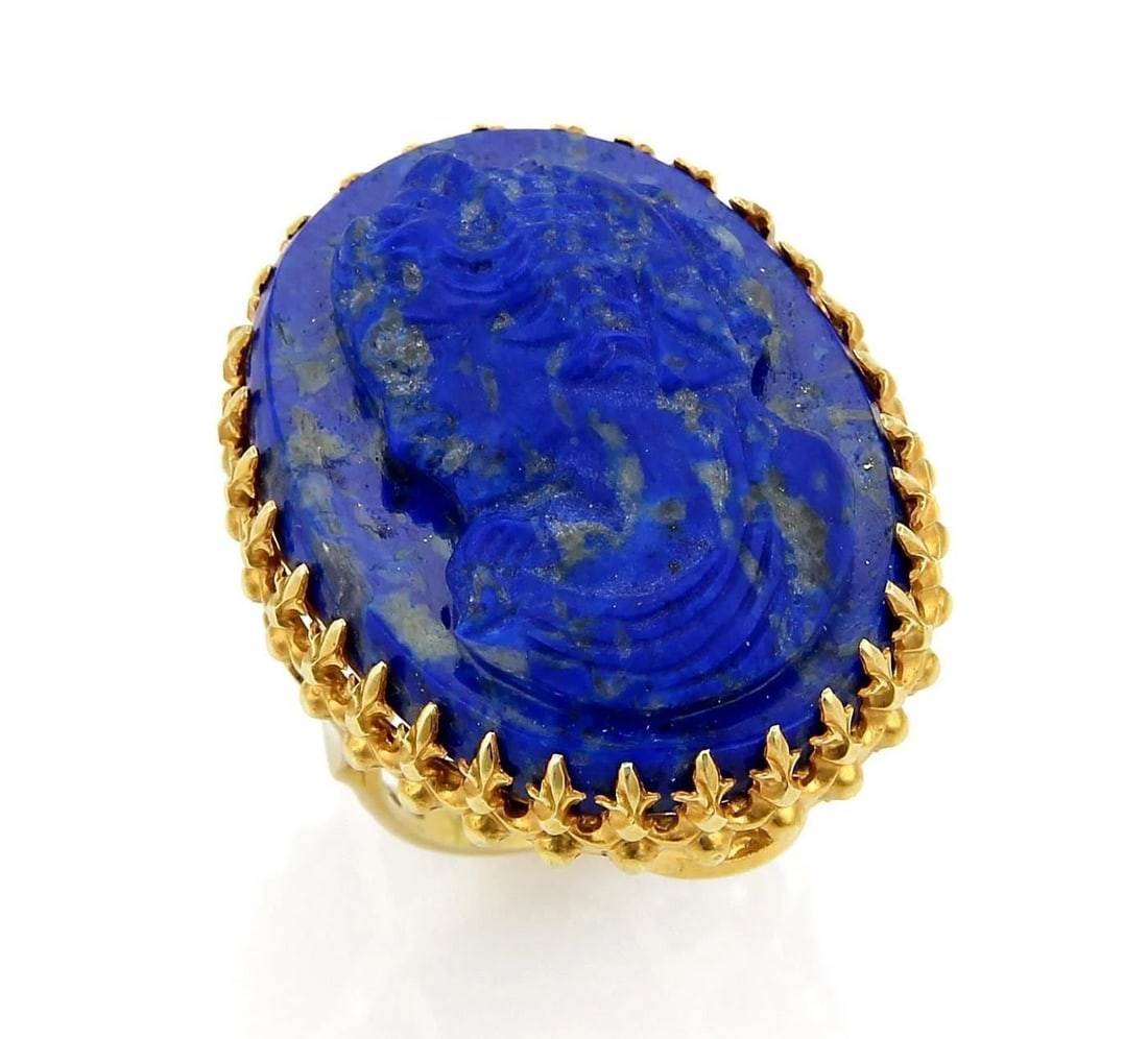 CARVED LAPIS GIRL CAMEO 14K YELLOW GOLD RING: Carved Lapis Girl Cameo 14k Yellow Gold Ring Brand: Unbranded Type: Ring Material: 14k yellow gold Color: None Size: 7 US Accessories: None Accessories Notice: When purchasing pre-owned go