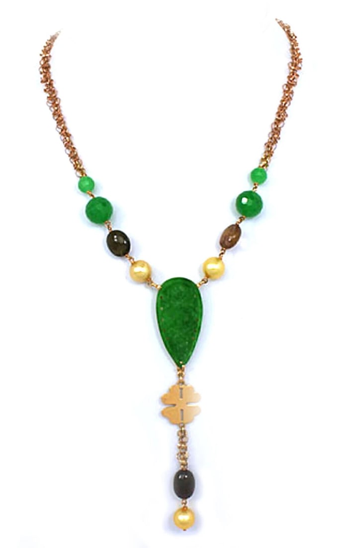 LEADERLINE JADE PEARLS SMOKY QUARTZ GEMS NECKLACE: Leaderline Jade Pearls Smoky Quartz Gems Necklace Brand: Leaderline Type: Necklace Material: 18k Rose Gold Main Stone/Creation Gems: jade smoky quartz pearls and amethyst Color: None Size: Measure