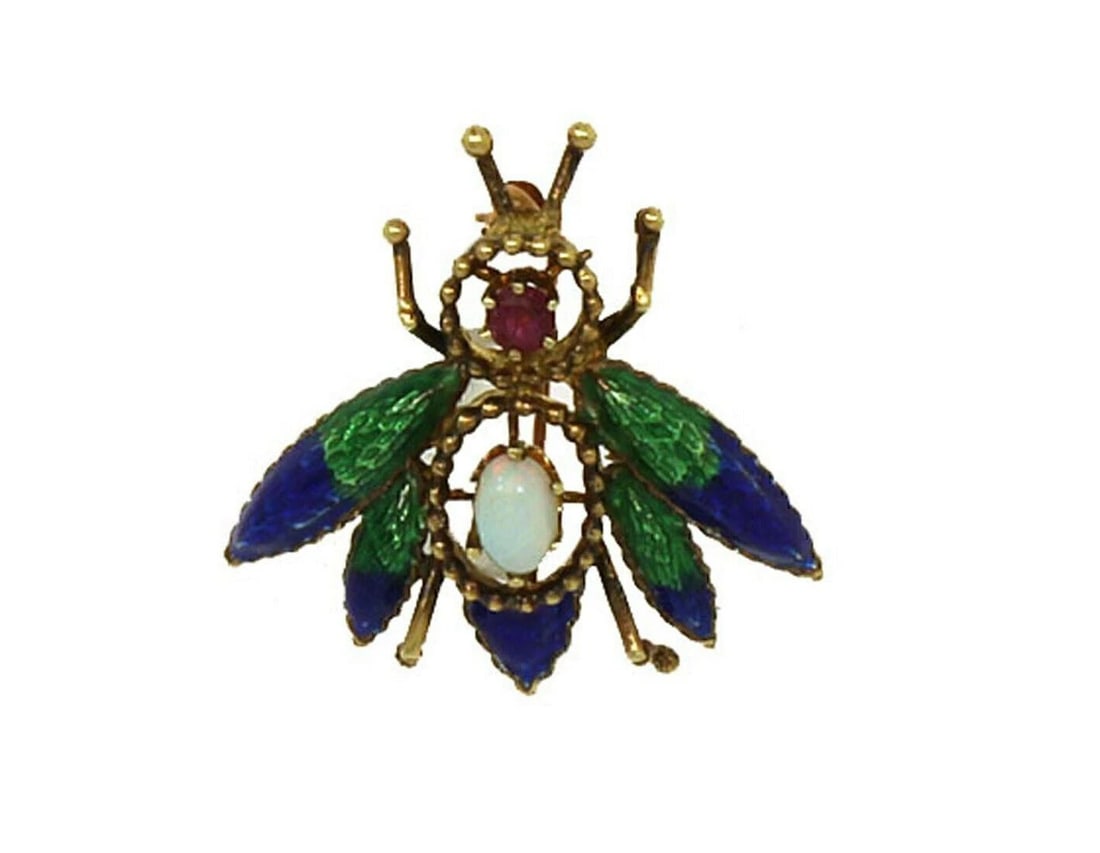 OPAL RUBY GREEN & BLUE ENAMEL 14K YELLOW GOLD BEE PIN BROOCH (1 of 2)
