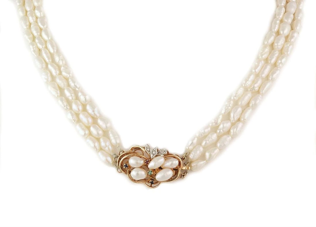 DIAMOND & GEMS FRESHWATER RICE PEARLS NECKLACE: Diamond & Gems Freshwater Rice Pearls Necklace Brand: Unbranded Type: Necklace Material: 14k yellow gold Main Stone/Creation Gemstones: ruby sapphire emerald Color: None Size: Measurement: 18" lon