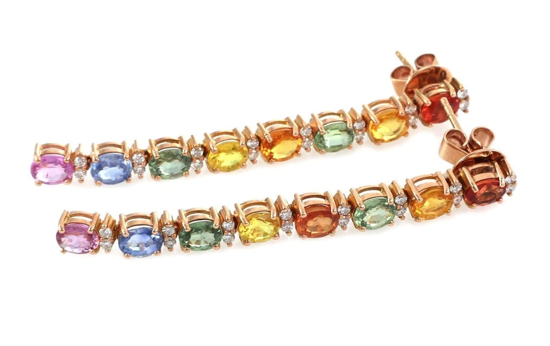 DIAMOND & MULTICOLOR SAPPHIRE DANGLE EARRINGS: Diamond & Multicolor Sapphire Dangle Earrings Brand: Unbranded Type: Earring Material: 18k Rose Gold Color: Rose Gold Size: Measurement: 2.11" long x 0.19" wide x 0.16" Accessories: None