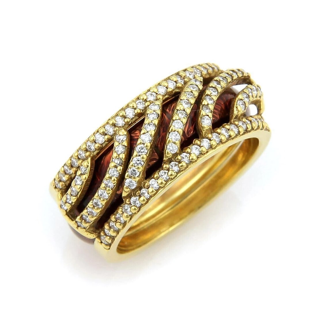 HIDALGO DIAMONDS & BROWN ENAMEL OPEN BAND RING: Hidalgo Diamonds & Brown Enamel Open Band Ring Brand: Hidalgo Type: Ring Material: 18k yellow gold Main Stone/Creation & Brown Enamel Color: None Size: 6.5 US Accessories: None Accessories