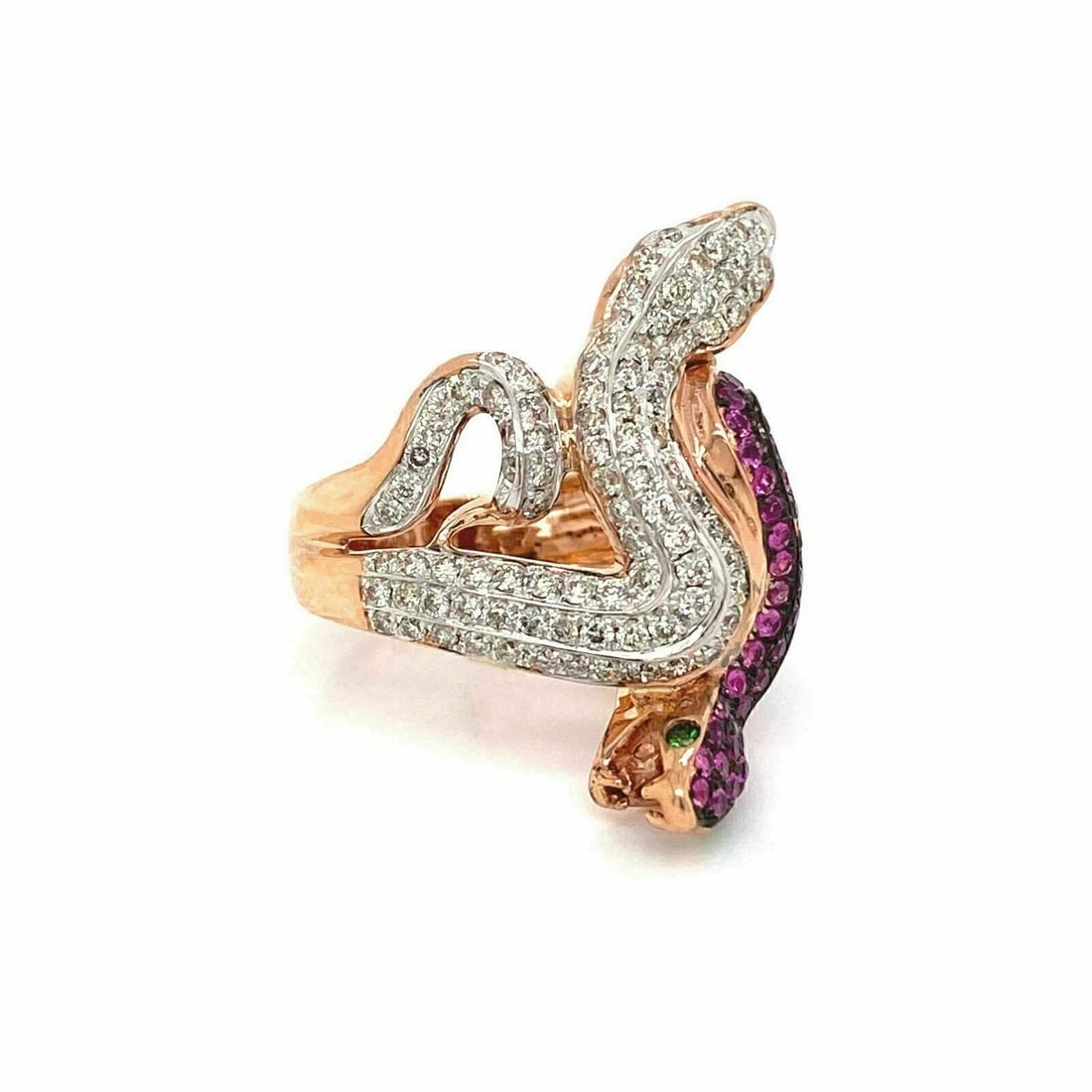 SNAKE DIAMOND RUBY & GREEN GARNET RING - 2