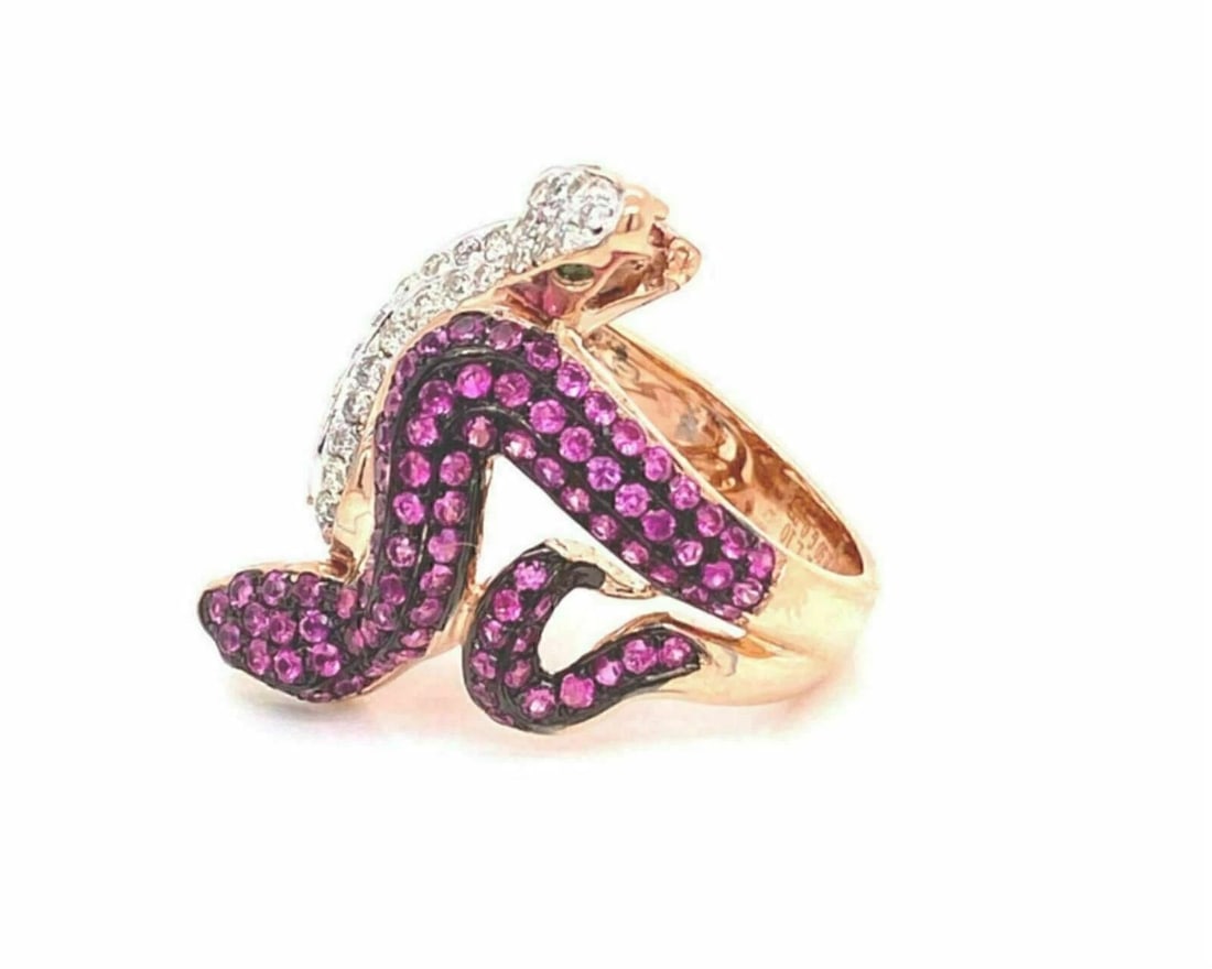 SNAKE DIAMOND RUBY & GREEN GARNET RING - 3