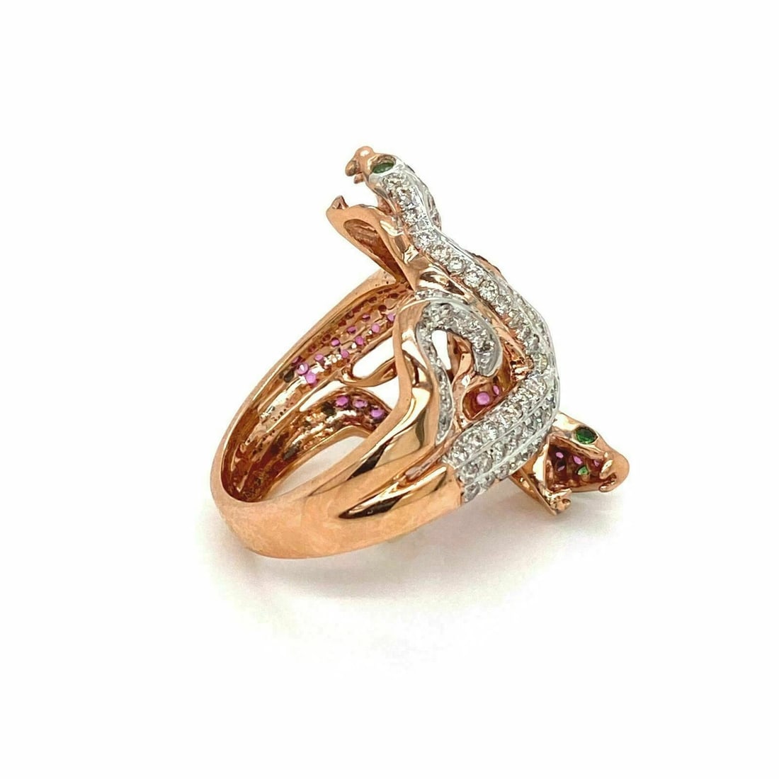 SNAKE DIAMOND RUBY & GREEN GARNET RING - 4