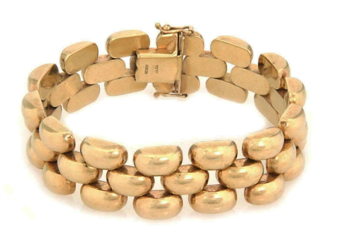 THREE ROW 14K YELLOW GOLD BAR LINK BRACELET: Three Row 14k Yellow Gold Bar Link Bracelet Brand: Unbranded Type: Bracelet Material: 14k Yellow Gold Color: Yellow Size: Measurement: 7" long x 0.68" wide x 0.20" high Accessories: None A