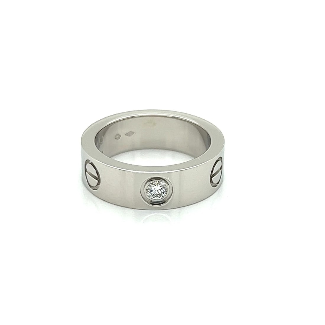 CARTIER PLATINUM LOVE 1 DIAMOND BAND RING: Cartier Platinum Love 1 Diamond Band Ring Brand: Cartier Type: Ring Material: Pt950 Color: Pt Size: 4.5 US Accessories: None Accessories Notice: When purchasing pre-owned goods, please ref