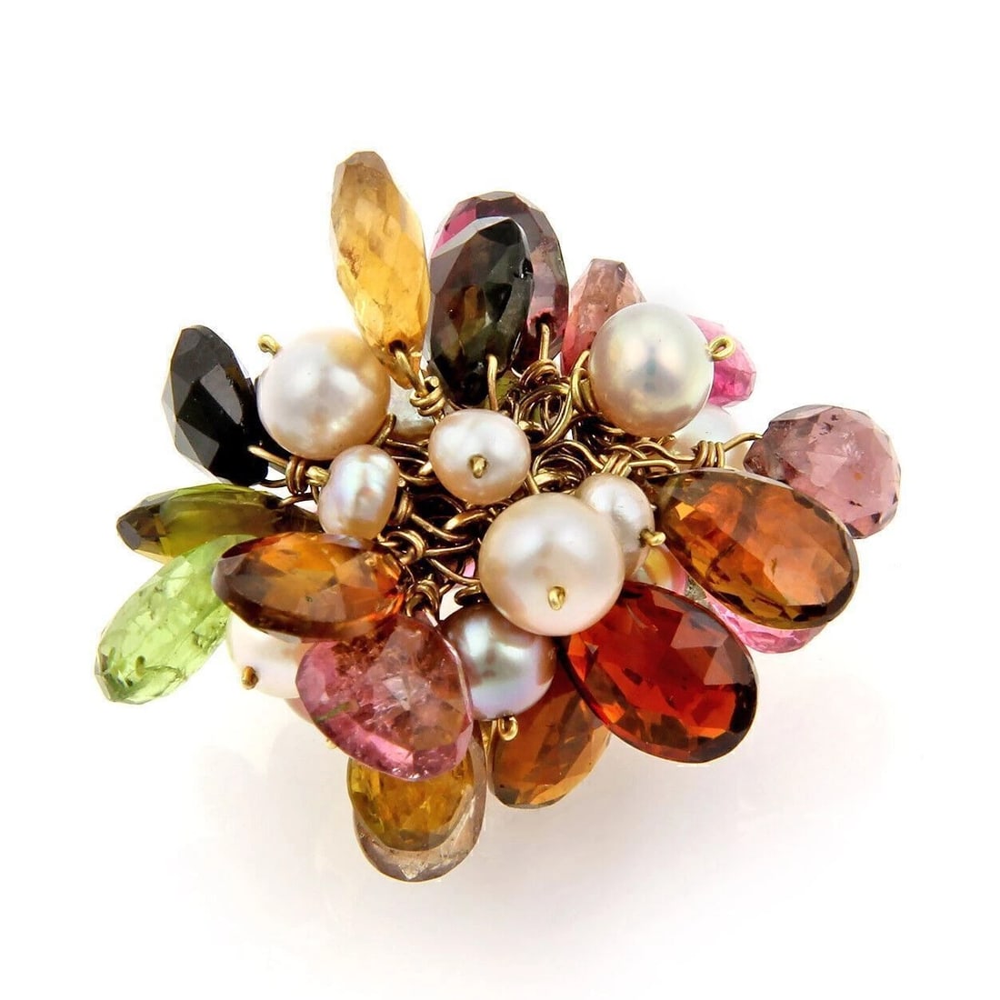 MULTI COLOR BRIOLETTE GEMSTONE & PEARLS DANGLE RING: Multi Color Briolette Gemstone & Pearls Dangle Ring Brand: Unbranded Type: ring Material: 18k yellow gold Color: Multi Color Size: 6 US Accessories: None Accessories Notice: When purchasing