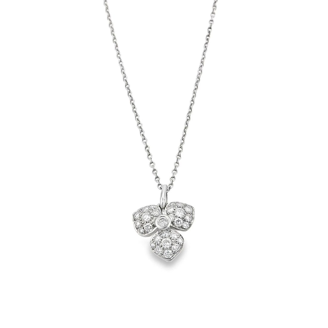TIFFANY & CO. PETAL DIAMOND PLATINUM PENDANT NECKLACE: Tiffany & Co. Petal Diamond Platinum Pendant Necklace Brand: Tiffany & Co. Type: Necklace Material: PT950 Color: PT Size: Measurement: 15.75" Long Pendant: 0.58" long w/bail x 0.44" 