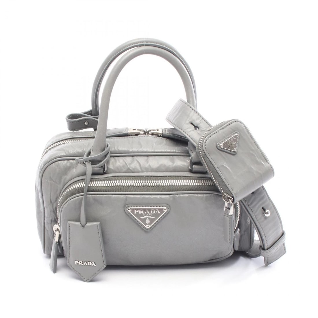 PRADA SHOULDER CROSSBODY HANDBAG LEATHER GRAY: PRADA shoulder crossbody Handbag leather Gray Brand: PRADA Type: Handbag Material: Exterior Material leather Color: Exterior Color Gray??ish colors Size: (H:5.9" x W:9.4" x D:2.8") Handle?32cm(12.6") 