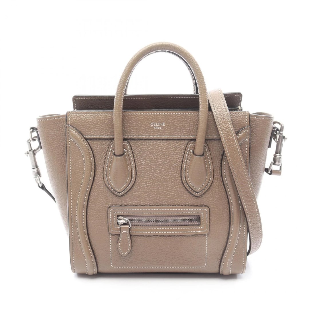 CELINE LUGGAGE NANO SHOPPER SHOULDER HANDBAG: CELINE Luggage Nano Shopper Shoulder Handbag Brand: CELINE Type: Handbag Material: Exterior Material leather Color: Exterior Color Gray??ish colors Size: (H:7.9" x W:7.9" x D:3.5")