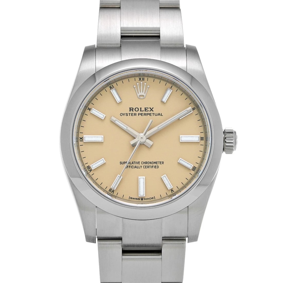 ROLEX OYSTER PERPETUAL BEIGE WATCH: ROLEX Oyster Perpetual beige WATCH Brand: ROLEX Type: Wristwatch Material: Band Material Stainless steel, Case Material Stainless steel Color: Dial Color beige Size: ??Case? H/about 34mm