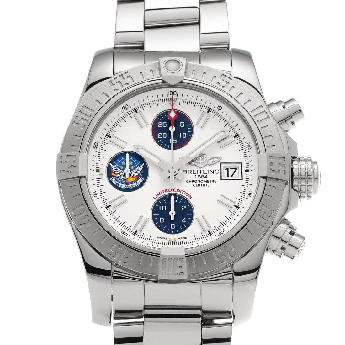 BREITLING AVENGER WHITE BLUE WATCH: BREITLING Avenger white blue WATCH Brand: BREITLING Type: Wristwatch Material: Band Material Stainless steel, Case Material Stainless steel Color: Dial Color white/blue Size: ??Case? H/about