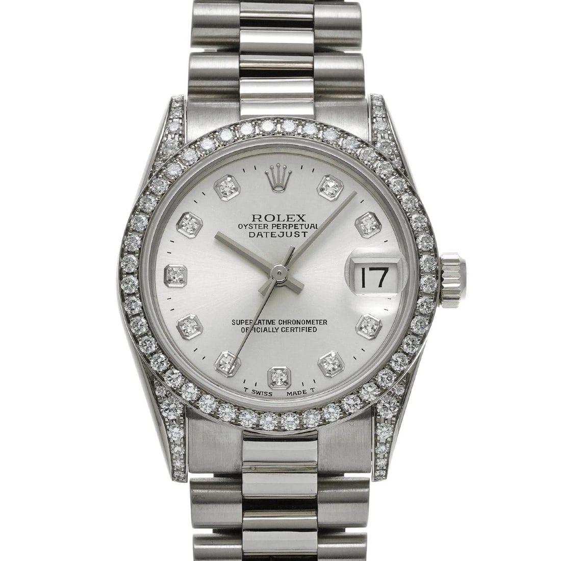 ROLEX DATEJUST SILVER DIAMOND WATCH: ROLEX Datejust Silver diamond WATCH Brand: ROLEX Type: Wristwatch Material: Band Material White gold, Case Material White gold/diamond Color: Dial Color Silver/diamond Size: ??Case? H/about 31mm W