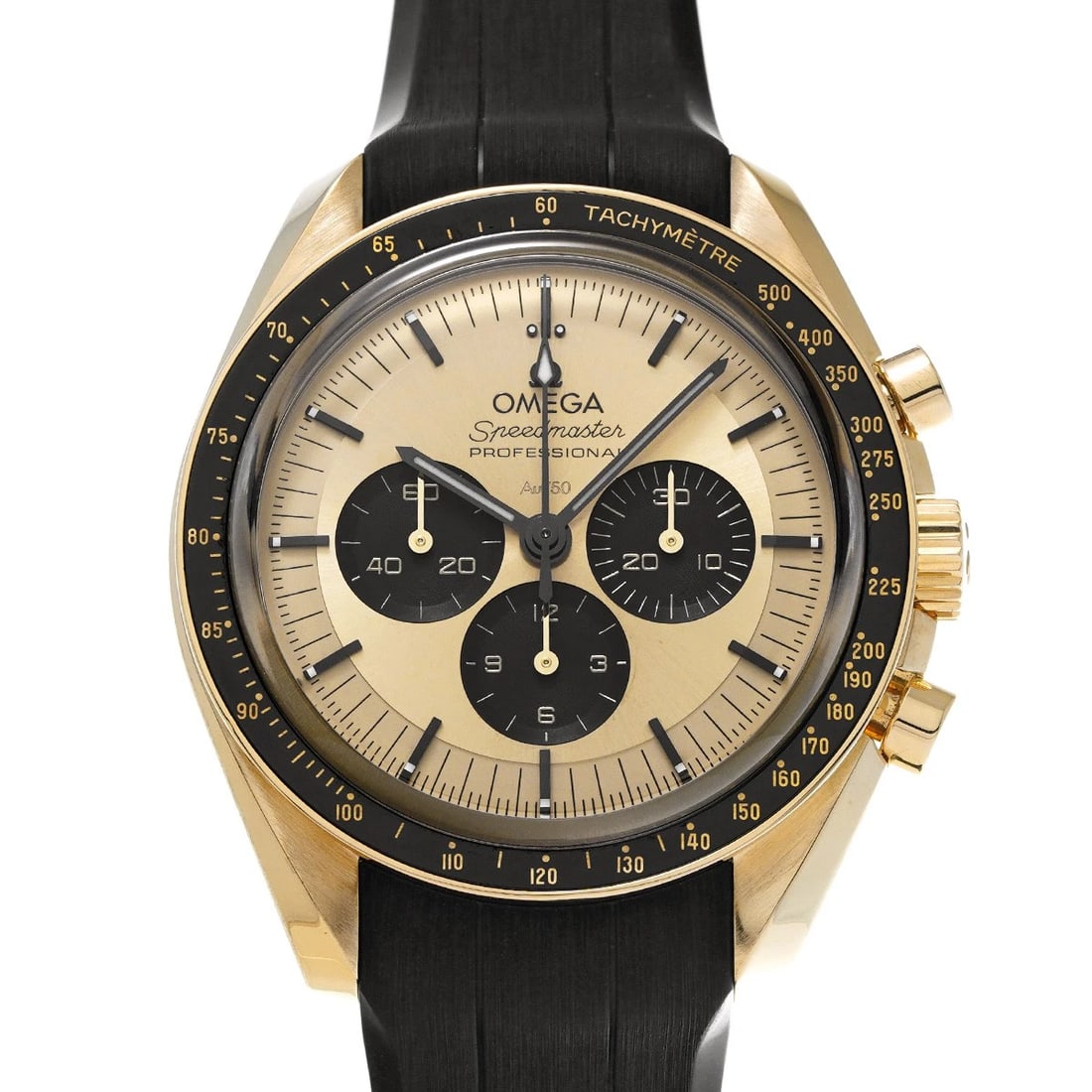 OMEGA SPEEDMASTER MOONWATCH PROFESSIONAL CO AXIAL CHRONOMETER: OMEGA Speedmaster Moonwatch Professional Co axial Chronometer Brand: OMEGA Type: Wristwatch Material: Band Material rubber, Case Material moonshine gold Color: Dial Color Champagne/black Size: ??C