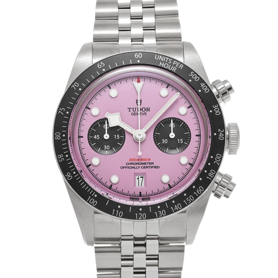 TUDOR BLACK CHRONO PINK BLACK WATCH: TUDOR Black Chrono pink black WATCH Brand: TUDOR Type: Wristwatch Material: Band Material Stainless steel, Case Material Stainless steel Color: Dial Color pink/black Size: ??Case? H/about 41mm