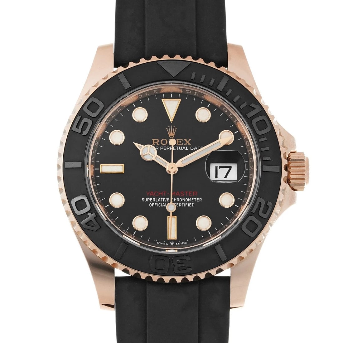 ROLEX YACHT MASTER BLACK WATCH: ROLEX Yacht Master black WATCH Brand: ROLEX Type: Wristwatch Material: Band Material rubber, Case Material Everrose gold Color: Dial Color black Size: ??Case? H/about 40mm W/about 40mm D/about