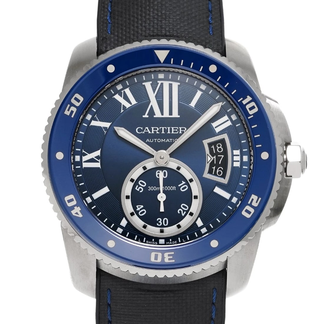 CARTIER CALIBER BLUE WATCH: CARTIER Caliber blue WATCH Brand: CARTIER Type: Wristwatch Material: Band Material Nylon/rubber, Case Material Stainless steel Color: Dial Color blue Size: ??Case? H/about 42mm W/about 42mm D/abou