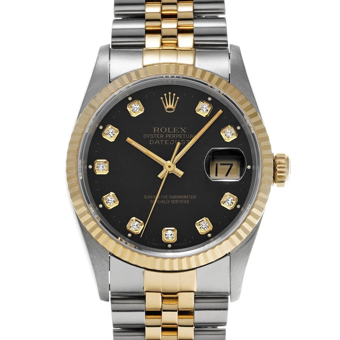 ROLEX DATEJUST BLACK DIAMOND WATCH: ROLEX Datejust black diamond WATCH Brand: ROLEX Type: Wristwatch Material: Band Material Stainless steel/Yellow Gold, Case Material Stainless steel Color: Dial Color black/diamond Size: