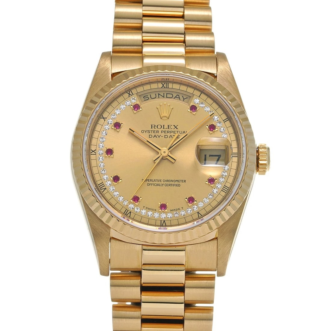 ROLEX DATE CHAMPAGNE MILLIARD DIAMOND RUBY WATCH: ROLEX Date Champagne Milliard Diamond Ruby WATCH Brand: ROLEX Type: Wristwatch Material: Band Material Yellow Gold, Case Material Yellow Gold Color: Dial Color Champagne/Milliard Diamond/Ruby 