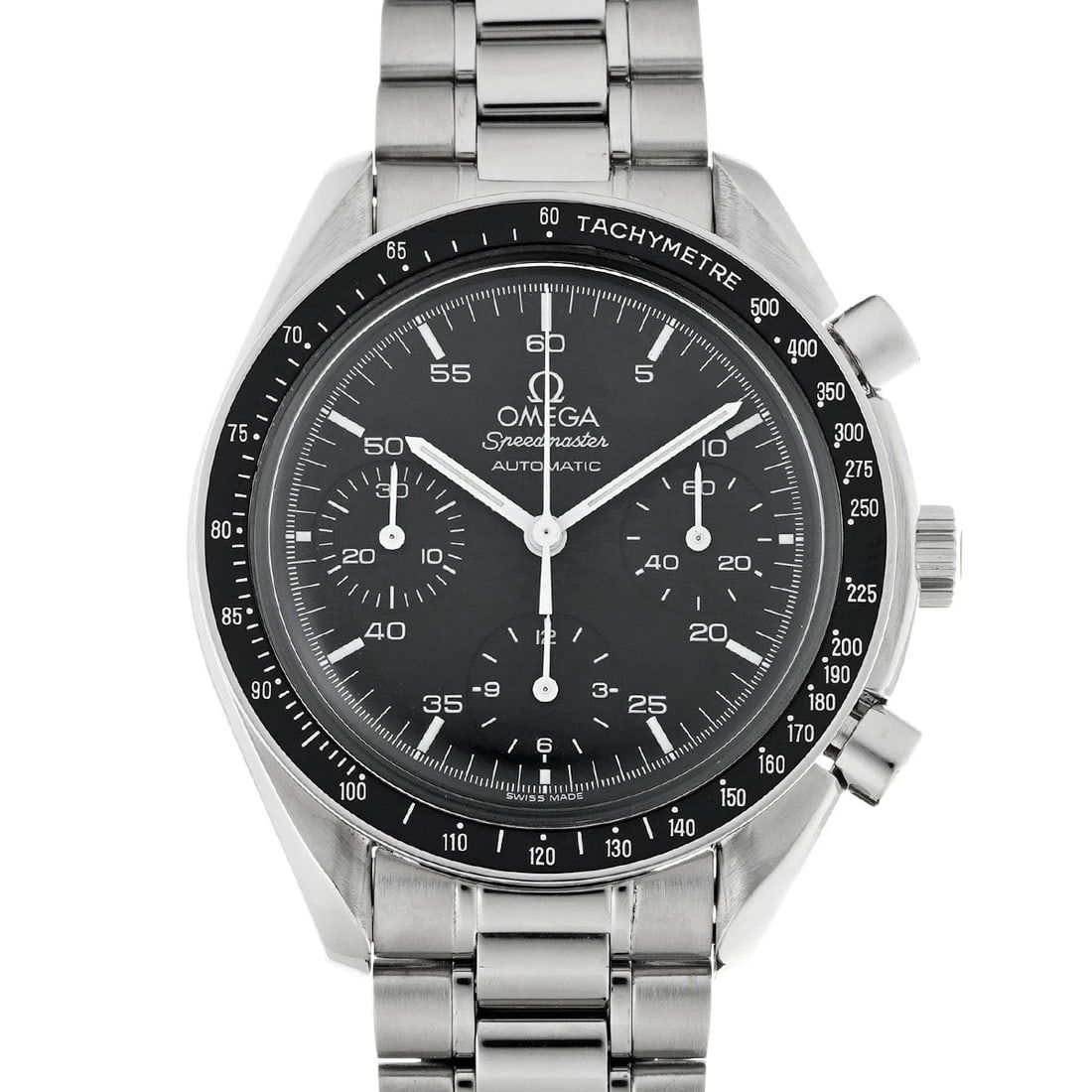 OMEGA SPEEDMASTER BLACK WATCH: OMEGA Speedmaster black WATCH Brand: OMEGA Type: Wristwatch Material: Band Material Stainless steel, Case Material Stainless steel Color: Dial Color black Size: ??Case? H/about 39mm W/about 39mm D