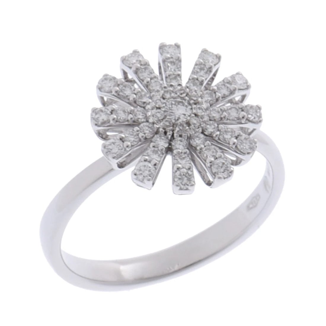 DAMIANI RING DIAMOND MARGHERITA: Damiani Ring diamond Margherita Brand: Damiani Type: Ring Material: K18 White Gold WG Main Stone/Creation Natural Color: WhiteGold Size: 4.75 - 5 US Accessories: None Accessories Notice: When