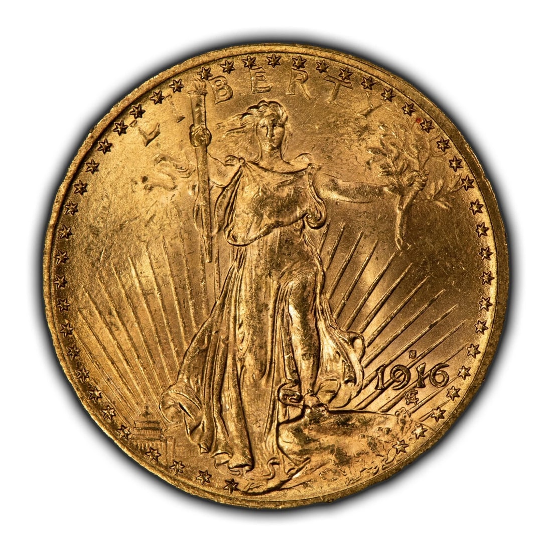 1916-S G$20 SAINT-GAUDENS GOLD DOUBLE EAGLE: 1916-S G$20 Saint-Gaudens Gold Double Eagle Brand/Mint: U.S. Mint Year: 1916 Fineness: 0.9 Country of Origin: United States Accessories: None Accessories Notice: When purchasing pre-owned goods, pl