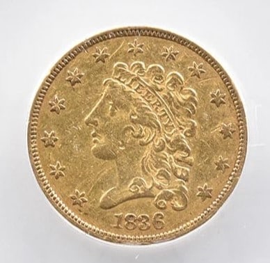 1836 $2.50 CLASSIC HEAD GOLD QUARTER EAGLE: 1836 $2.50 Classic Head Gold Quarter Eagle Brand/Mint: None Year: 1836 Fineness: None Denomination: $2.50 Country of Origin: United States Accessories: None Accessories Notice: When purcha