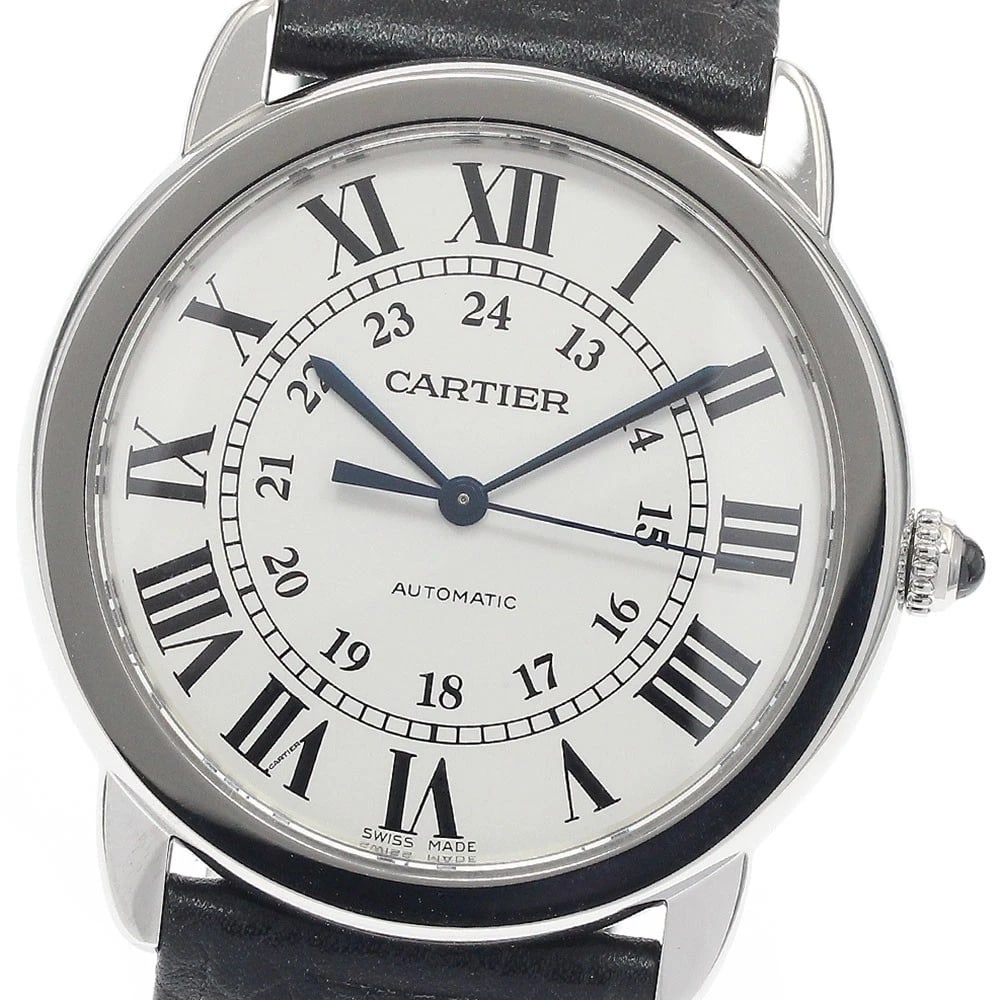 CARTIER RONDE SOLO AUTOMATIC WATCH: CARTIER Ronde Solo Automatic Watch Brand: CARTIER Type: Wristwatch Material: Band Material leather, Case Material Stainless Steel / leather Color: Band Color black, Dial Color Silver, Case