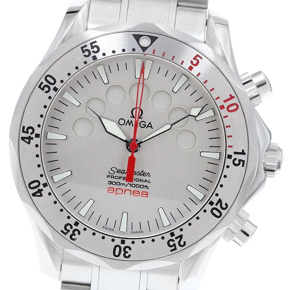 OMEGA SEAMASTER300 APNEA JACQUES MAYOL CHRONOGRAPH AT WATCH: OMEGA Seamaster300 Apnea Jacques Mayol Chronograph AT Watch Brand: OMEGA Type: Wristwatch Material: Band Material Stainless Steel, Case Material Stainless Steel / Stainless Steel Color: Band