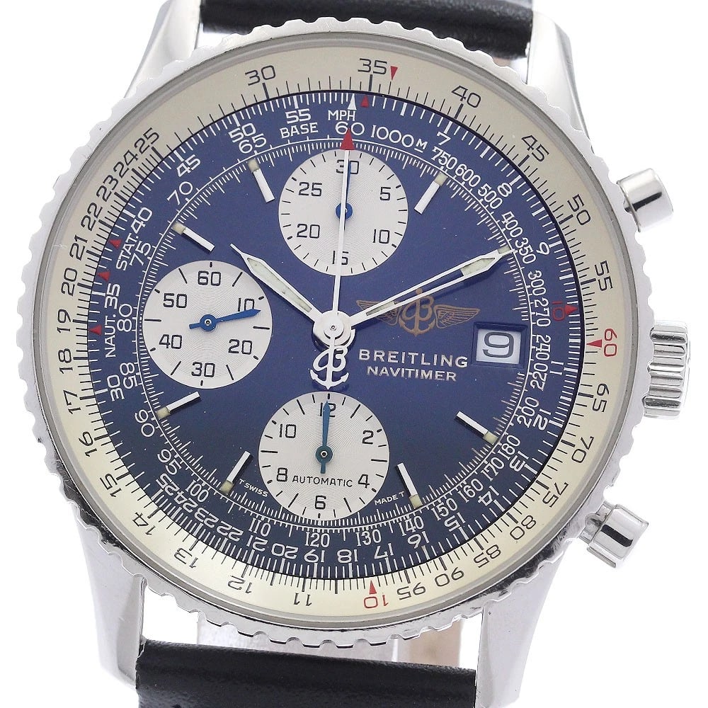 BREITLING OLD NAVITIMER CHRONOGRAPH AUTOMATIC WATCH: BREITLING Old Navitimer Chronograph Automatic Watch Brand: BREITLING Type: Wristwatch Material: Band Material leather, Case Material Stainless Steel Color: Band Color black, Dial Color Navy / Silve