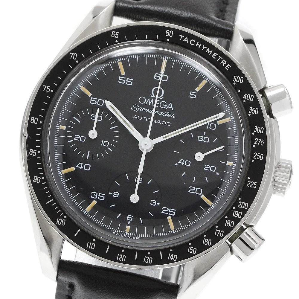 OMEGA SPEEDMASTER CHRONOGRAPH BLACK AUTOMATIC WATCH: OMEGA Speedmaster Chronograph black Automatic Watch Brand: OMEGA Type: Wristwatch Material: Band Material leather, Case Material Stainless Steel / leather Color: Band Color black, Dial Color