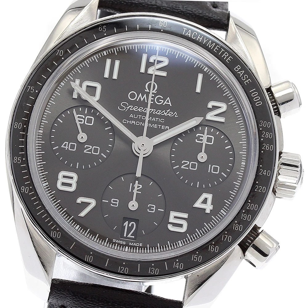 OMEGA SPEEDMASTER DATE CHRONOGRAPH AUTOMATIC LADIES: OMEGA Speedmaster Date Chronograph Automatic Ladies Brand: OMEGA Type: Wristwatch Material: Band Material leather, Case Material Stainless Steel / leather Color: Band Color black, Dial Color gray,
