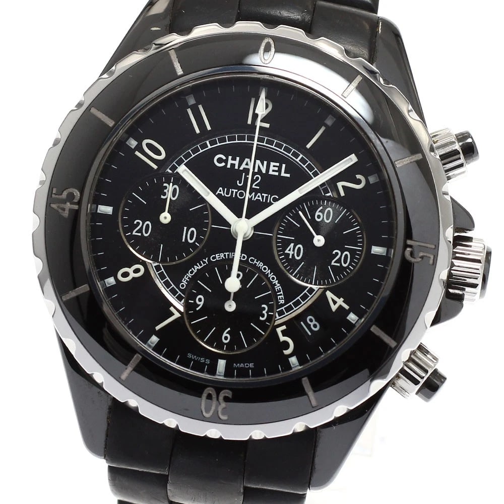 CHANEL J12 BLACK CERAMIC CHRONOGRAPH AUTOMATIC WATCH: CHANEL J12 Black ceramic chronograph Automatic Watch Brand: CHANEL Type: Wristwatch Material: Band Material rubber, Case Material Stainless Steel / ceramic / rubber Color: Band Color black,