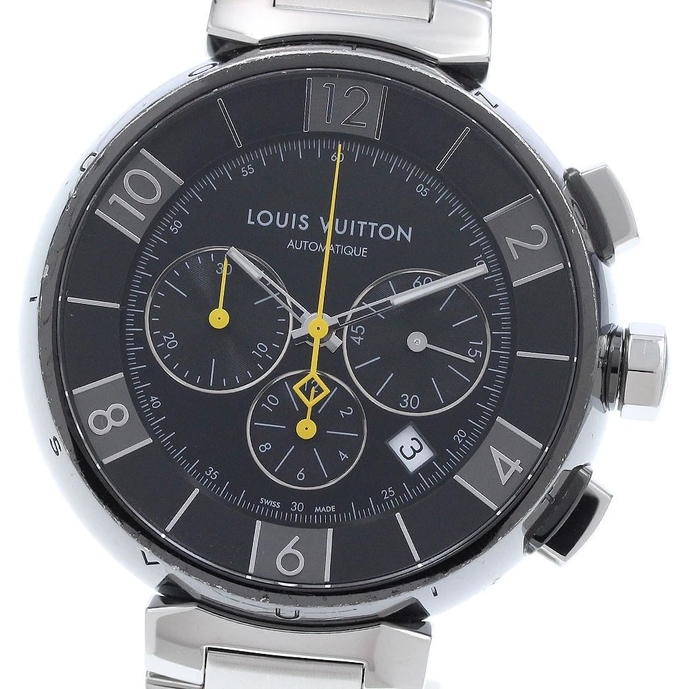 LOUIS VUITTON TAMBOUR IN BLACK CHRONOGRAPH AUTOMATIC WATCH: LOUIS VUITTON Tambour in black Chronograph Automatic Watch Brand: LOUIS VUITTON Type: Wristwatch Material: Band Material Stainless Steel, Case Material Stainless Steel / Stainless Steel Color:
