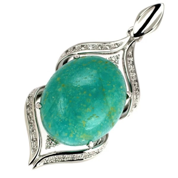 K18WG AMAZONITE DIAMOND PENDANT TOP: K18WG Amazonite Diamond Pendant Top Brand: None Type: pendant top Material: K18WG Main Stone/Creation AmazoniteSide Stone diamonds Color: WG Size: Length/Width/Diameter51.1 Accessories: None