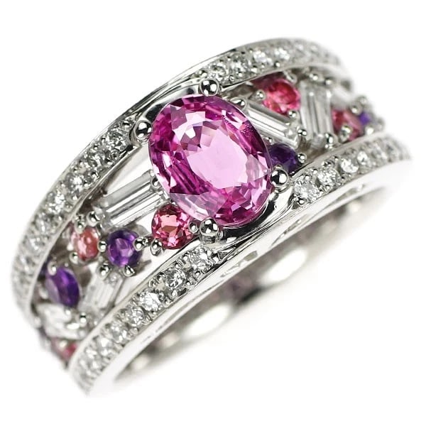 PT900 PINK SAPPHIRE COLOR STONE DIAMOND RING: Pt900 pink sapphire color stone diamond ring Brand: None Type: ring Material: Pt900 Color: Main Stone Color pink Size: 7.25 US Accessories: None Accessories Notice: When purchasing pre-own