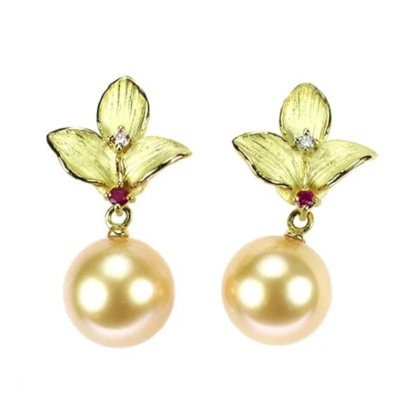 K18YG GOLDEN PEARL RUBY DIAMOND EARRINGS (1 of 2)