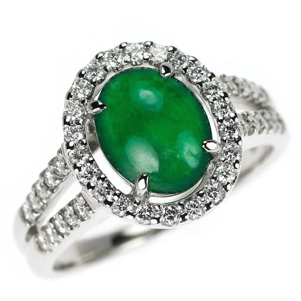 PT900 JADE/JADE DIAMOND RING: Pt900 Jade/Jade Diamond Ring Brand: None Type: ring Material: PT900 Main Stone/Creation jade/jade Side Stone diamonds Color: Silver Size: 6 US Accessories: None Accessories Notice: When pu