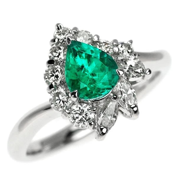 PT900 PEAR SHAPE EMERALD DIAMOND RING: Pt900 pear shape emerald diamond ring Brand: None Type: ring Material: pt900 Color: none Size: 5.5 - 5.75 US Accessories: None Accessories Notice: When purchasing pre-owned goods, please